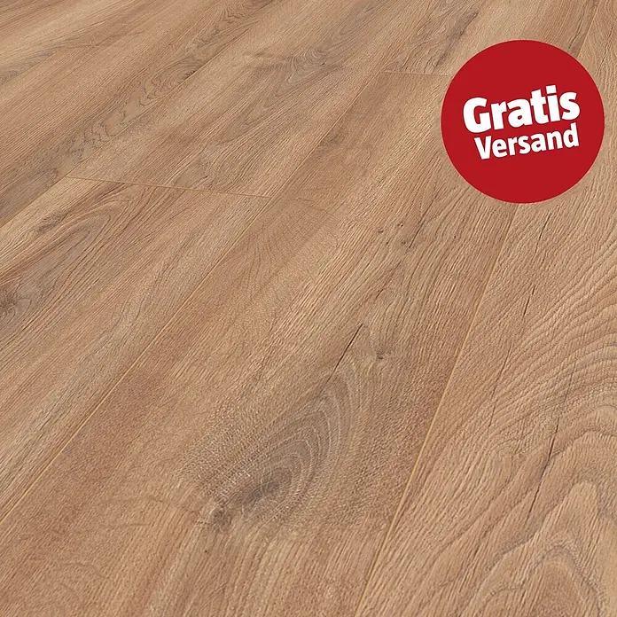 LOGOCLIC Edition Laminat Vinto - Sundance Oak, Landhausdiele, 1.288 x 245 x 8 mm - Heller Holzoptik-Bodenbelag mit deutlicher Maserung und Dielenmuster.