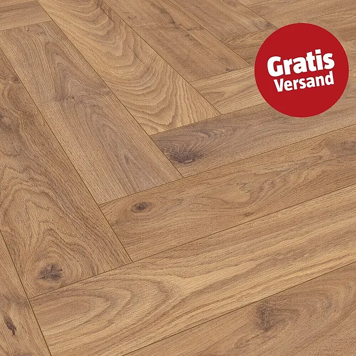 LOGOCLIC Vinto Laminat Herringbone - Oberon Oak, Landhausdiele, 630 x 126 x 8 mm - Hellbrauner Holzboden in Fischgrätmusterung mit natürlicher Holzmaserung.