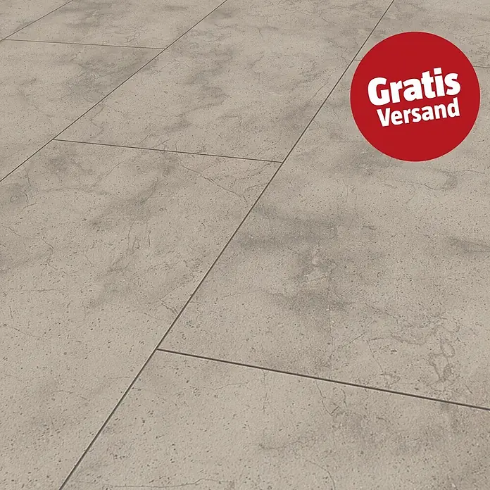 LOGOCLIC Ceramico Laminat - Arosa, 638 x 330 x 8 mm - Hellgraue, strukturierte Bodenfliesen mit subtilem Muster und dunklen Fugen.