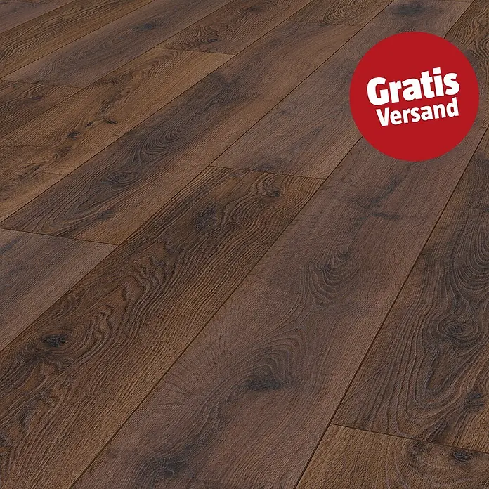 LOGOCLIC Aquaprotect Smart Silent Laminat - Braun, Landhausdiele, 1.288 x 195 x 7 mm - Dunkelbrauner Laminatboden mit ausgeprägter Holzmaserung und sichtbaren Dielenfugen.