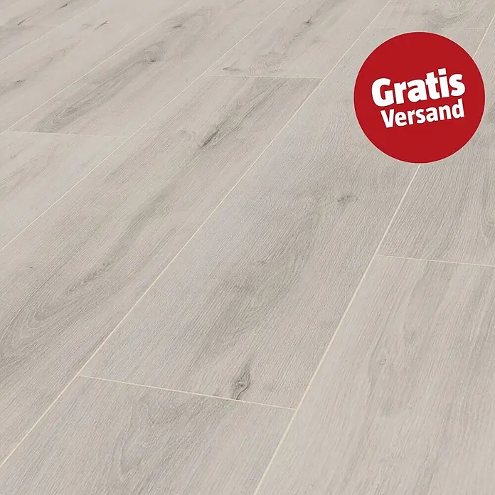 LOGOCLIC Edition Laminat Family - Solario, Landhausdiele, 1.288 x 245 x 7 mm - Heller, grauer Laminatboden in Holzoptik, der realistische Maserungen und Fugen zeigt.