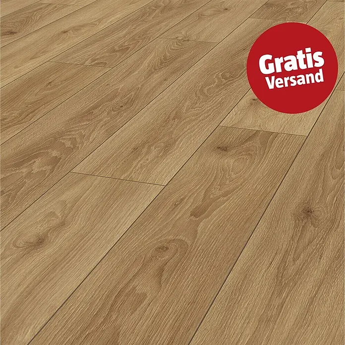 Laminat - Comet Eiche, Landhausdiele, 1.288 x 195 x 8 mm - Helles Laminat in Holzoptik mit natürlicher Maserung, diagonal verlegt.