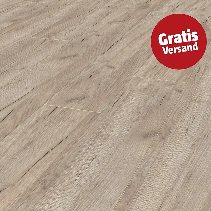 LOGOCLIC Family Laminat - Eiche Esperia, Landhausdiele, 1.288 x 195 x 7 mm - Helles Laminat in Holzoptik, diagonal verlegt.
