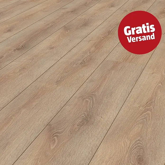 LOGOCLIC Family Laminat - Bilbao, Landhausdiele, 1.288 x 195 x 7 mm - Hellbrauner Laminatboden mit natürlicher Holzmaserung und rotem Kreis mit „Gratis Versand“.