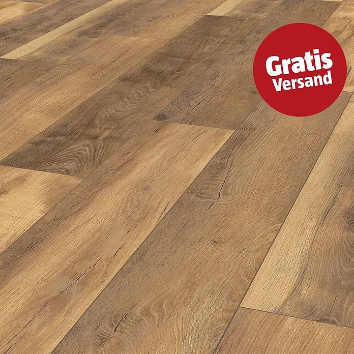 LOGOCLIC Vinto Laminat - Eiche Toledo, Landhausdiele, 1.288 x 195 x 10 mm - Rustikale hellbraune Bodenplanken in Holzoptik mit sichtbarer Maserung, diagonal verlegt.
