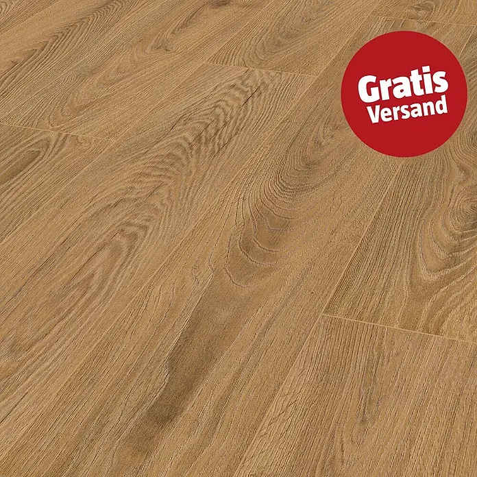 LOGOCLIC Vinto Laminat - Eiche Kronos, Landhausdiele, 1.288 x 195 x 10 mm - Hellbrauner Holzboden mit ausgeprägter Maserung und rotem 'Gratis Versand' Kreis oben rechts.