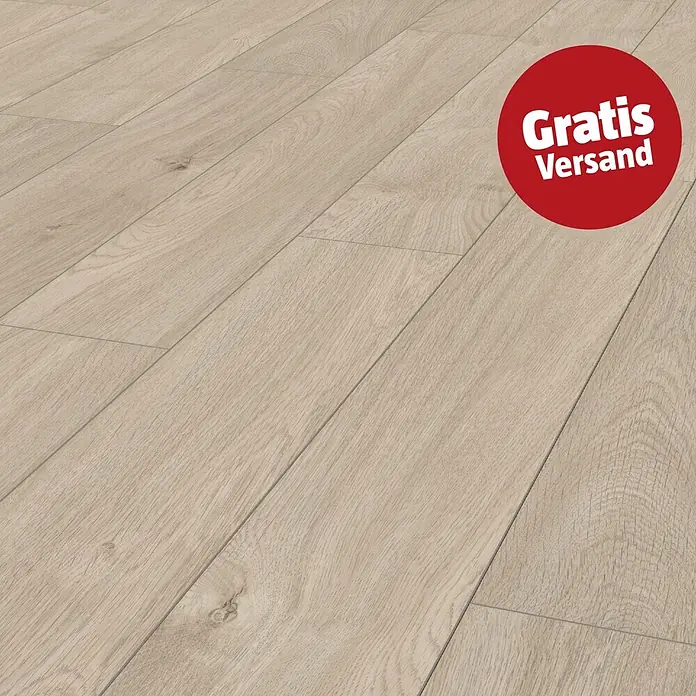 LOGOCLIC Aquaprotect Laminat - Nature Oak, Landhausdiele, 1.288 x 195 x 8 mm - Helle, beige Holzfußbodenplanken mit sichtbarer Maserung, diagonal verlegt.