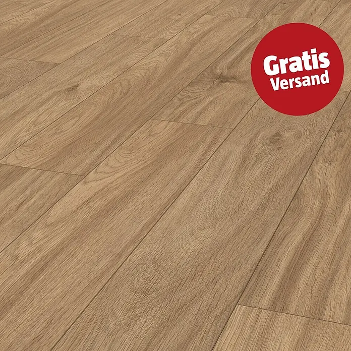 LOGOCLIC Aquaprotect Laminat - Soft Oak, Landhausdiele, 1.288 x 195 x 8 mm - Heller Laminatboden in Naturholzoptik mit realistischer Maserung und rotem 'Gratis Versand'-Kreis.