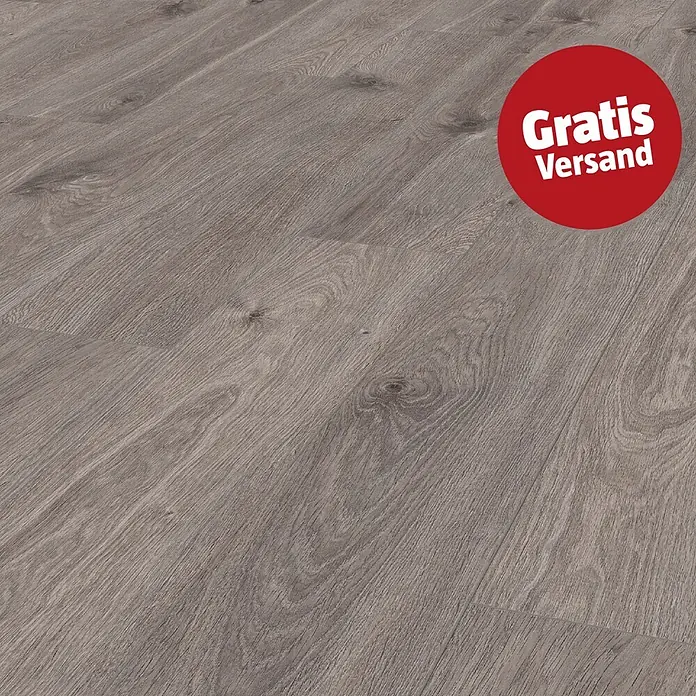 LOGOCLIC Aquaprotect Laminat - Moonlight Oak, Landhausdiele, 1.288 x 195 x 8 mm - Grauer Holzboden mit "Gratis Versand" Aufkleber.