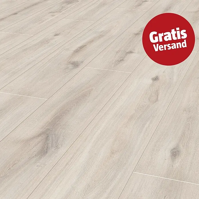 LOGOCLIC Aquaprotect Laminat - Beach Oak, Landhausdiele, 1.288 x 195 x 8 mm - Heller Laminatboden in Holzoptik mit sichtbarer Maserung und Dielenfugen.