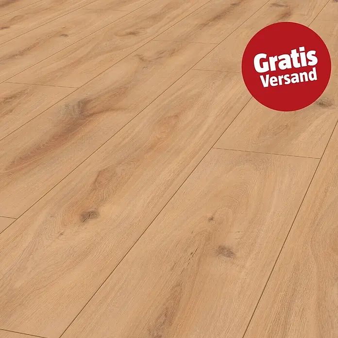 LOGOCLIC Edition Laminat Vinto - Sunshine Oak, Landhausdiele, 1.288 x 245 x 8 mm - Hellbrauner Holzboden mit natürlicher Maserung.