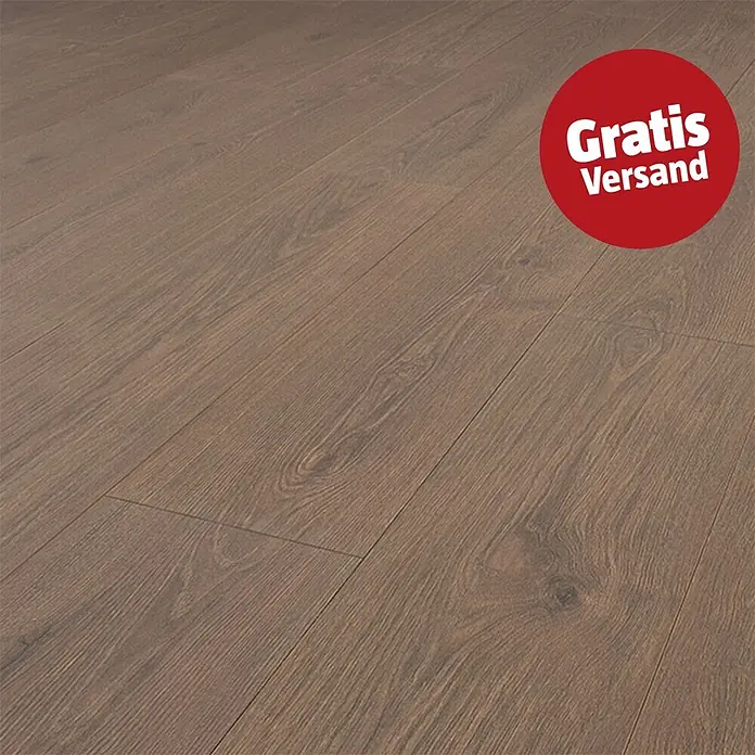 Krono Original Laminat Atlantic 8 - 1.288 x 195 x 8 mm, Dark Montanara Oak, AC4 - Brauner Laminatboden mit Holzmaserung und rotem "Gratis Versand" Aufkleber.