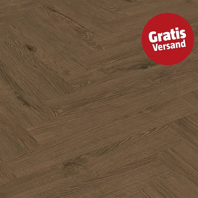 Krono Original Laminat Herringbone - Dark Montanara Oak, Fischgrät, 630 x 126 x 8 mm - Brauner Holzfußboden im Fischgrätmuster mit einem roten Kreis mit "Gratis Versand".