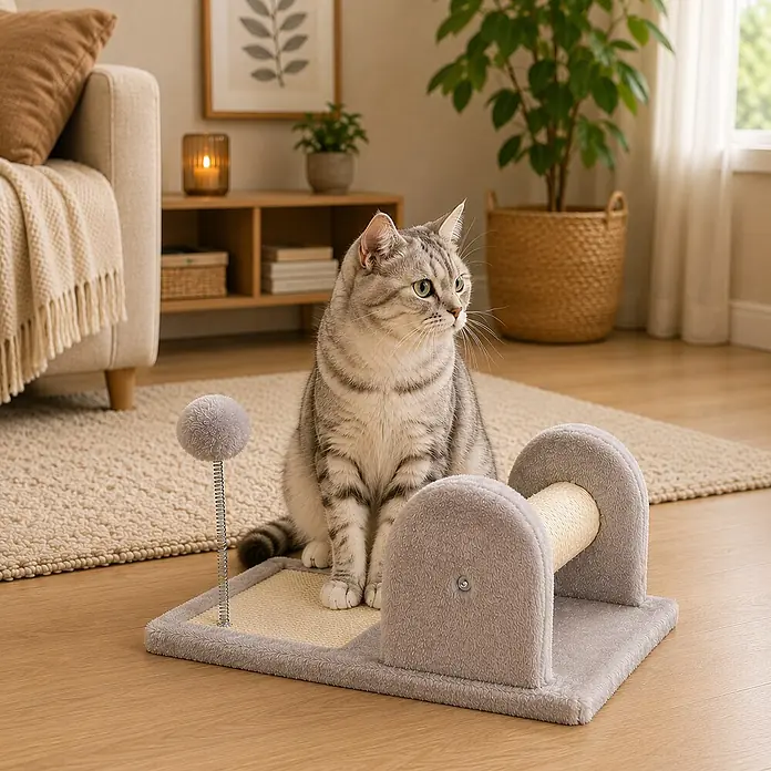 belviona Kratzmöbel - 40 x 30 x 19 cm, Textil, hellgrau - Kratzbaum aus grauem Plüsch mit Sisalmatte und Federballspielzeug. Eine Katze sitzt daneben.