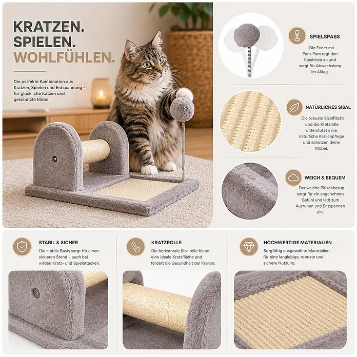belviona Kratzmöbel - 40 x 30 x 19 cm, Textil, hellgrau - Grauer Plüsch-Kratzbaum mit Sisalrolle und Kratzmatte, ausgestattet mit einem Feder-Pom-Pom-Spielzeug, von einer Katze genutzt.