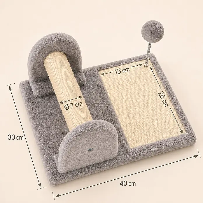 belviona Kratzmöbel - 40 x 30 x 19 cm, Textil, hellgrau - Graues Plüsch-Katzenkratzbrett mit Sisal-Kratzflächen, 7 cm Durchmesser Kratzstamm und Pompon-Spielzeug. Maße: 40x30 cm.
