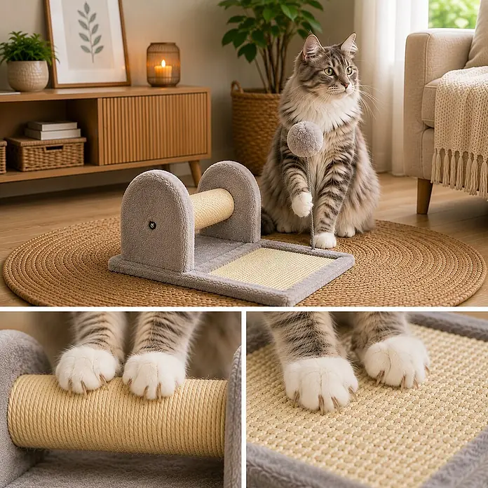 belviona Kratzmöbel - 40 x 30 x 19 cm, Textil, hellgrau - Graues Plüsch-Katzenkratzbrett mit Sisalrolle und -matte, von einer Katze im Wohnzimmer genutzt.