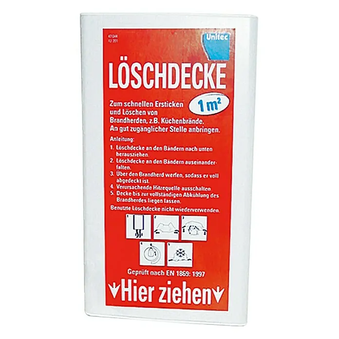 UniTEC Löschdecke100 x 100 cm - Feuerlöschdecke der Marke Unitec in einer Verpackung. Zum schnellen Ersticken und Löschen von Brandherden, z.B. Küchenbrände.