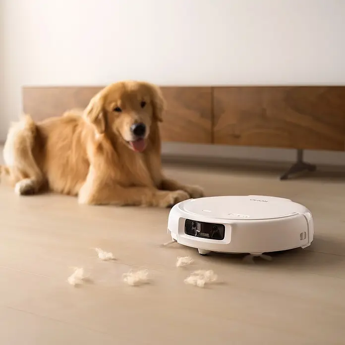 DJI Saugwischroboter S - Saugkraft: 25.000 Pa, Akkulaufzeit: 180 min, Fassungsvermögen Roboter: 260 ml - Weißer Saugroboter nähert sich Hundshaar auf hellem Holzboden, ein Golden Retriever liegt unscharf im Hintergrund.