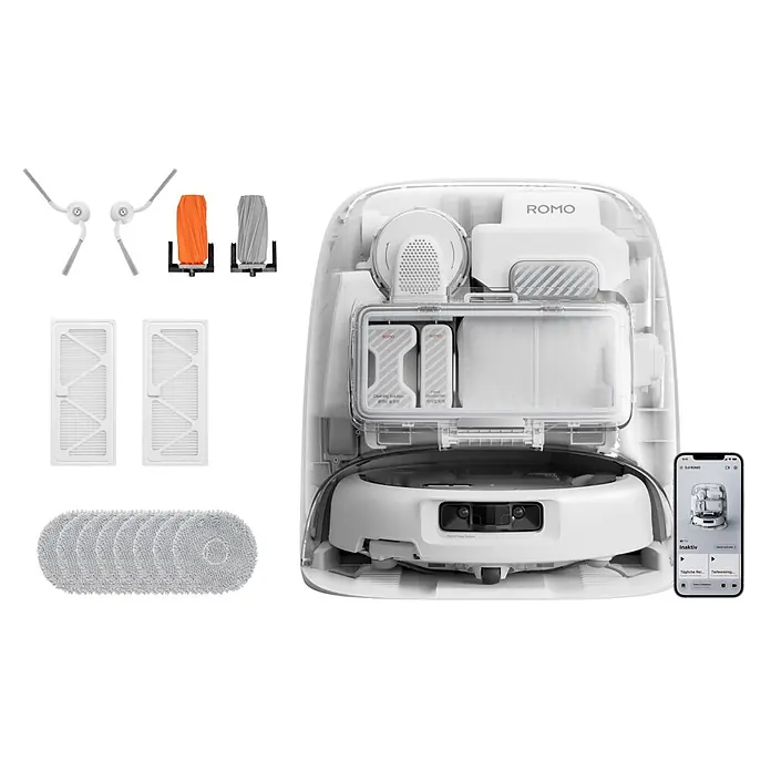 DJI ROMO P2 Clean More Combo Saugwischroboter 36.000 Pa, Wassertank -  - Weißer Romo Roboterstaubsauger mit transparenter Abdeckung, zeigt interne Komponenten, Zubehör (Bürsten, Filter, Wischtücher) und die App.