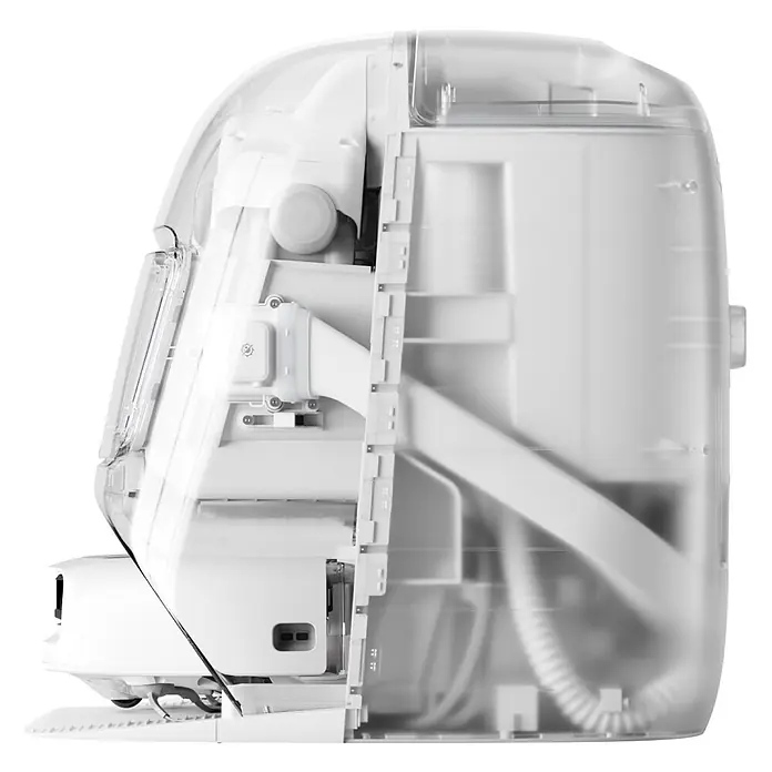 DJI ROMO P2 Clean More Combo Saugwischroboter 36.000 Pa, Wassertank -  - Transparenter iMac G4, Seitenansicht, weiße interne Komponenten und Verkabelung durch das durchsichtige Plastikgehäuse.
