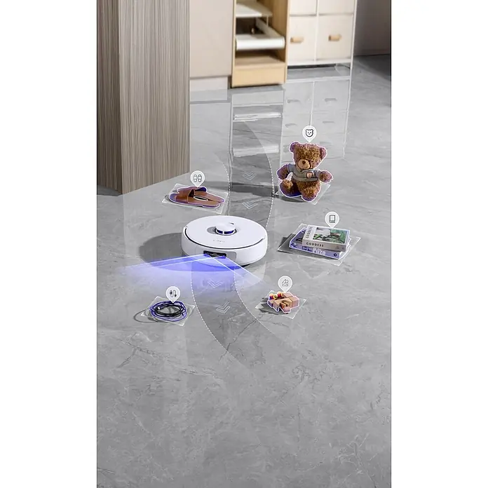 Narwal Saugwischroboter Freo Z10 ultra Extend - Saugkraft: 18.000 Pa, Akkulaufzeit: 150 min, Fassungsvermögen Roboter: 2.500 ml - Weißer Roboterstaubsauger mit blauen Akzenten scannt und umfährt Haushaltsgegenstände (Hausschuhe, Spielzeug, Bücher, Kabel) auf Fliesenboden.
