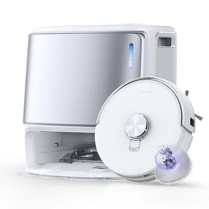 Narwal Saugwischroboter Freo Z10 ultra Extend - Saugkraft: 18.000 Pa, Akkulaufzeit: 150 min, Fassungsvermögen Roboter: 2.500 ml - Weißer Narwal Saugroboter und passende Ladestation, mit transparentem Blick auf einen blau beleuchteten Wischpad-Mechanismus.
