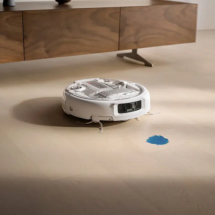 DJI Saugwischroboter A - Saugkraft: 25.000 Pa, Akkulaufzeit: 180 min, Fassungsvermögen Roboter: 260 ml - Weißer Saugroboter nähert sich einem blauen Fleck auf Holzboden unter einem Holzschrank.