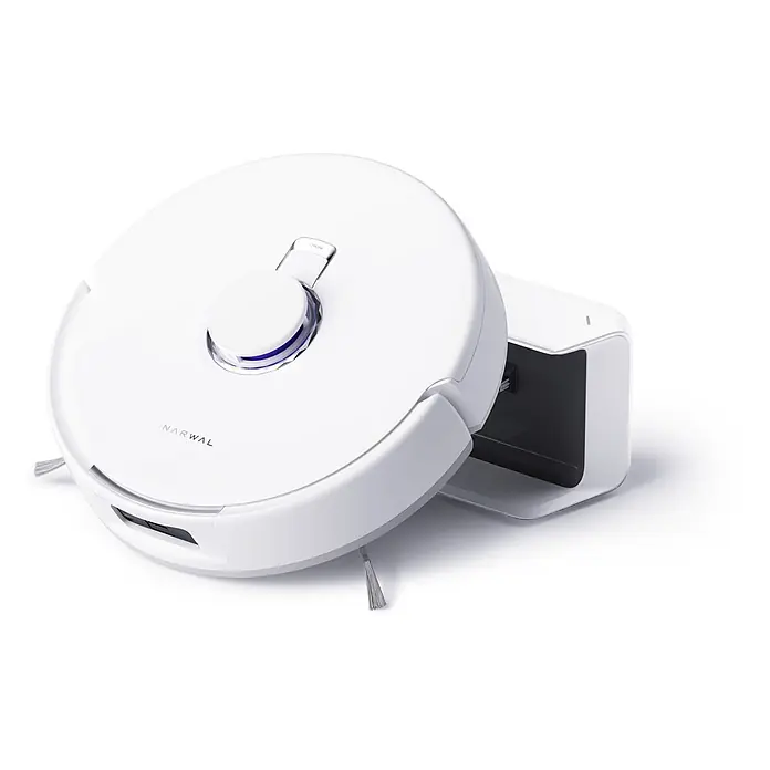 Narwal Freo X Plus Saugwischroboter 2-in-1 für Hartböden und Teppiche, Weiß -  - Weißer Saugroboter neben seiner passenden Ladestation.