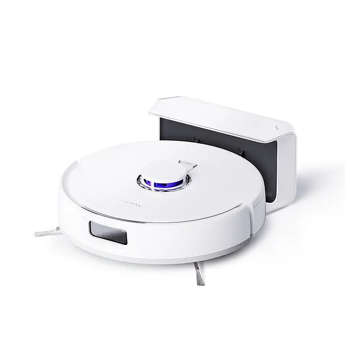 Narwal Freo X Plus Saugwischroboter 2-in-1 für Hartböden und Teppiche, Weiß -  - Weißer Saugroboter mit blau beleuchtetem Navigationssensor und Ladestation.
