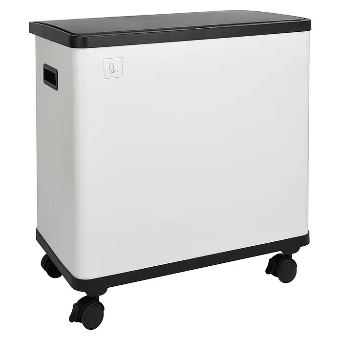 SVITA Sensor-Mülleimer SR3X18 54L 3 Fächer Mülltrennsystem Stahl Weiß -  - Weißer Kunststoff-Aufbewahrungsbehälter mit schwarzem Deckel und Rollen, mit seitlichen Griffen.