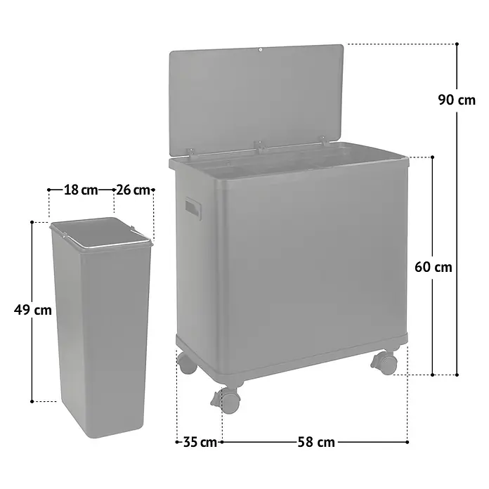 SVITA Sensor-Mülleimer SR3X18 54L  3 Fächer Mülltrennsystem Stahl Schwarz -  - Graues Mülltrennsystem auf Rollen mit offenem Deckel, mehreren Fächern und einem separaten Innenbehälter. Maße sind abgebildet.