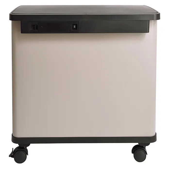SVITA  Sensor-Mülleimer SR3X18 54L 3 Fächer Mülltrennsystem Stahl Taupe -  - Rechteckiger hellbeiger und dunkelgrauer Automatik-Mülleimer auf Rollen, mit Bedienfeld an der Vorderseite.