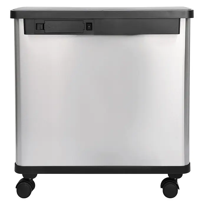 SVITA Sensor-Mülleimer  SR3X18 54L 3 Fächer Mülltrennsystem Edelstahl Silber -  - Rechteckiger Sensor-Mülleimer aus silbernem Edelstahl mit schwarzem Deckel, Steuerung und Rollen.