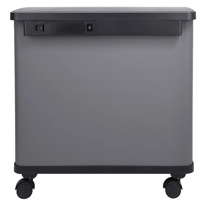 SVITA Sensor-Mülleimer  SR3X18 54L3 Fächer Mülltrennsystem Stahl Grau -  - Dunkelgrauer smarter Mülleimer mit schwarzem Deckel, Bedienfeld und Rollen für einfache Mobilität.