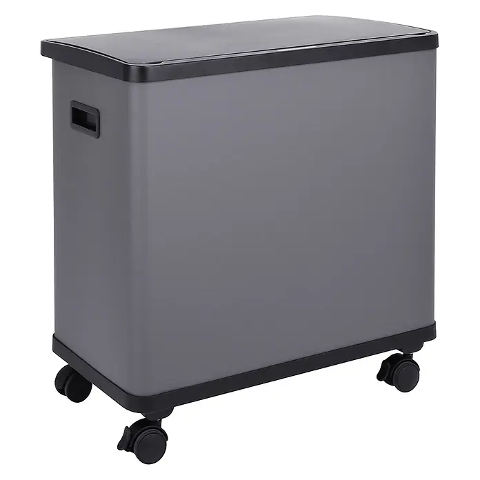 SVITA Sensor-Mülleimer  SR3X18 54L3 Fächer Mülltrennsystem Stahl Grau -  - Dunkelgrauer mobiler Aufbewahrungsbehälter mit schwarzem Deckel, Griff und Rollen.