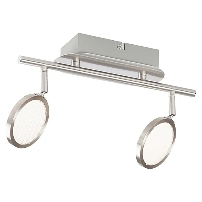 Tween Light Regleta LED Ganda - 6,6 W, L x An x Al: 315 x 90 x 190 mm, Níquel mate, Blanco cálido, 2 ud. - Primer plano de una lámpara de techo moderna con dos focos redondos en acabado de níquel cepillado para una iluminación elegante.