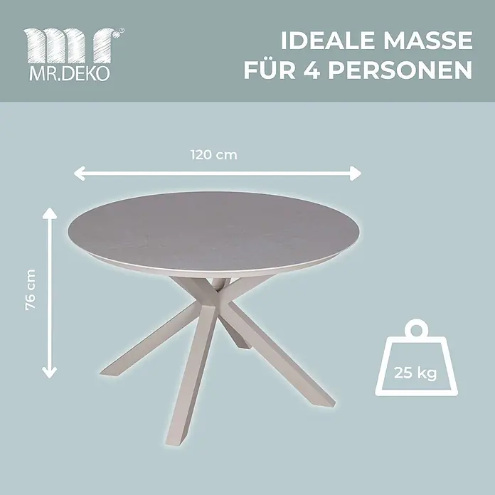 Bene Living Gartentisch Malaga - Gestell Aluminium, gesinterte Tischplatte (Keramik), Rund, beige - Runder Esstisch mit grauer Platte und hellgrauem sternförmigem Untergestell, 120 cm Durchmesser, 76 cm hoch, ideal für 4 Personen, 25 kg.