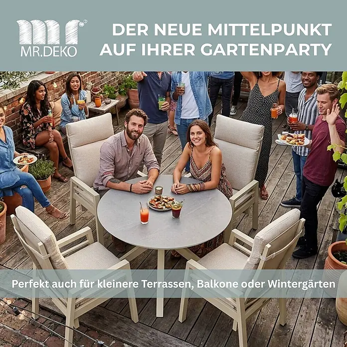 Bene Living Gartentisch Malaga - Gestell Aluminium, gesinterte Tischplatte (Keramik), Rund, beige - Gartenmöbel-Set: runder Tisch und helle Stühle, bei Gartenparty genutzt. Auch für kleine Terrassen, Balkone, Wintergärten.