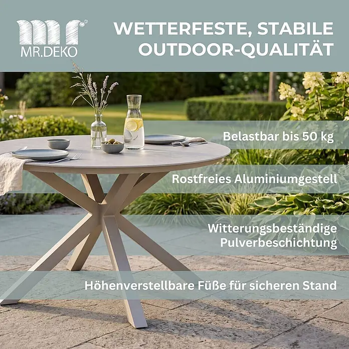 Bene Living Gartentisch Malaga - Gestell Aluminium, gesinterte Tischplatte (Keramik), Rund, beige - Ein runder Outdoor-Tisch mit heller Platte und stabilem X-förmigem Gestell, auf einer Terrasse platziert.