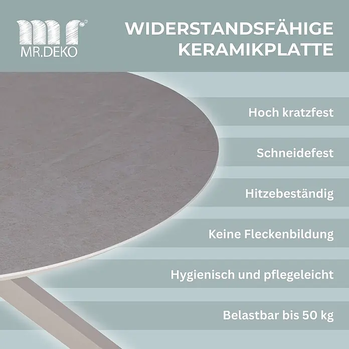 Bene Living Gartentisch Malaga - Gestell Aluminium, gesinterte Tischplatte (Keramik), Rund, beige - Runde, graue Keramikplatte, kratz-, hitzebeständig und pflegeleicht, belastbar bis 50 kg.