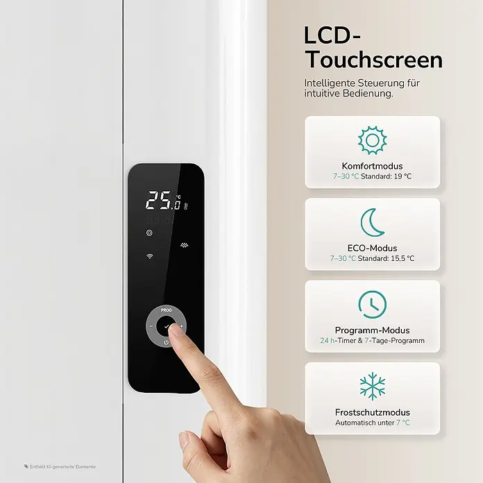 Konvektorheizung 2000W Weiß Flatsim ERD -  - Weißes Gerät mit schwarzem LCD-Touchscreen, der 25.0°C anzeigt. Ein Finger wählt Optionen wie Komfortmodus und ECO-Modus.