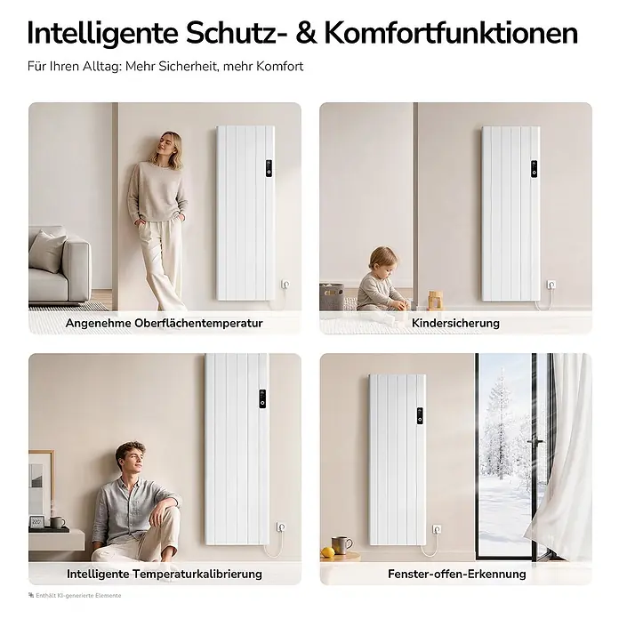 Konvektorheizung 2000W Weiß Flatsim ERD -  - Weißer elektrischer Heizkörper mit intelligenten Schutz- und Komfortfunktionen in vier Wohnsituationen dargestellt.