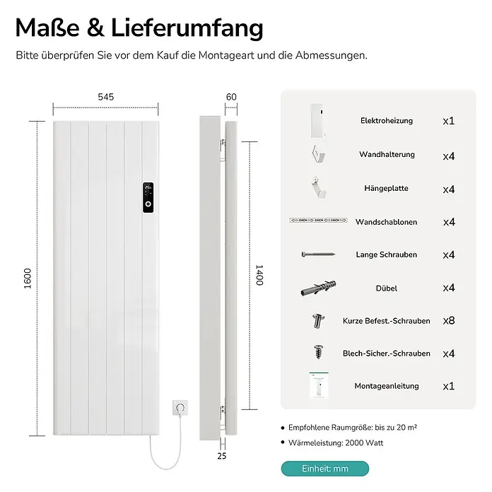 Konvektorheizung 2000W Weiß Flatsim ERD -  - Weißer Elektroheizkörper mit Maßen und enthaltenem Montagezubehör.