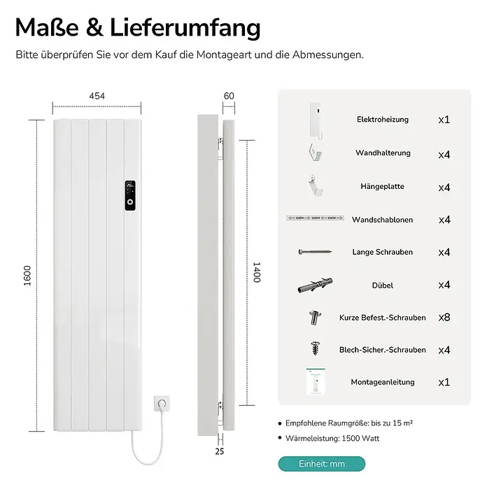 EMKE Konvektorheizung 1500W Weiß Flatsim ERD -  - Weißer Elektroheizer mit Display, zeigt Maße (1600x454x60/25mm) und eine Liste der enthaltenen Montagezubehörteile.