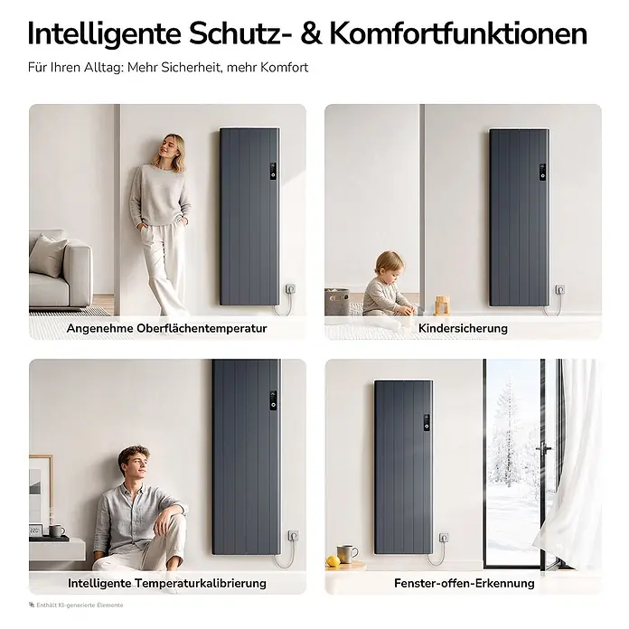 EMKE Konvektorheizung 2000W Anthrazit Flatsim ERD -  - Dunkelgrauer, wandmontierter Elektroheizkörper in verschiedenen Heimsituationen, der seine intelligenten Schutz- und Komfortfunktionen zeigt.