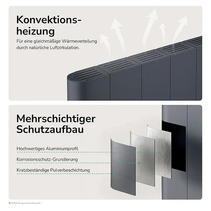 EMKE Konvektorheizung 2000W Anthrazit Flatsim ERD -  - Dunkelgrauer Heizkörper zeigt Konvektionsheizung und mehrschichtige Aluminium-Schutzbeschichtung.
