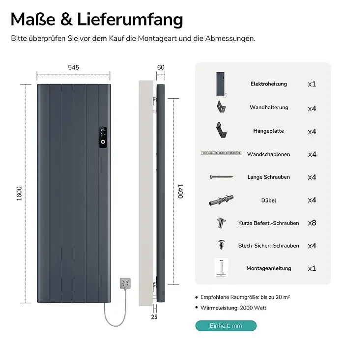 EMKE Konvektorheizung 2000W Anthrazit Flatsim ERD -  - Dunkelgrauer Elektroheizkörper mit sichtbaren Maßen und Zubehör zur Wandmontage.
