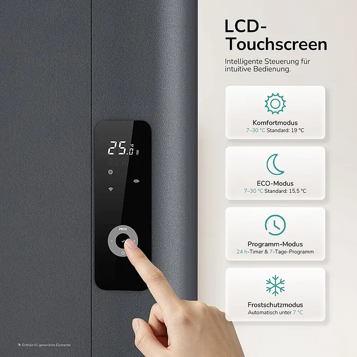 EMKE Konvektorheizung 2000W Anthrazit Flatsim ERD -  - Schwarzer LCD-Touchscreen-Regler zeigt 25°C auf einem dunkelgrauen Gerät. Ein Finger bedient die intuitive Temperatursteuerung.