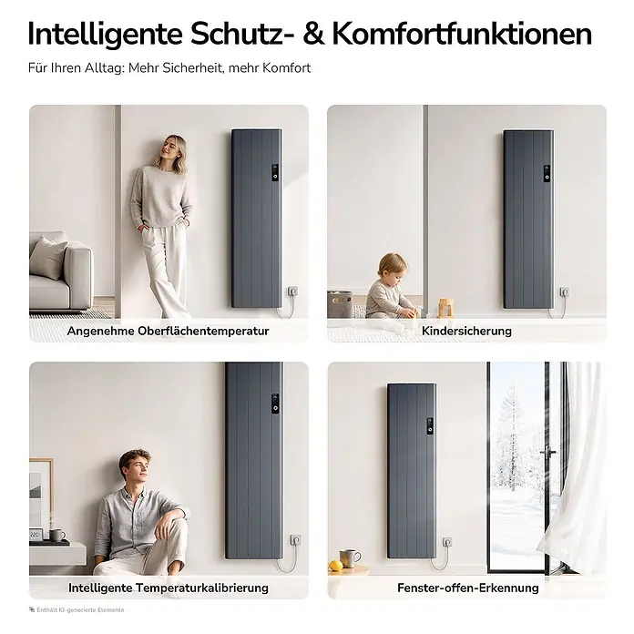 EMKE Konvektorheizung 1500W Anthrazit Flatsim ERD -  - Ein schlanker, dunkelgrauer Elektro-Paneelheizer in verschiedenen Wohnsituationen, der intelligente Schutz- und Komfortfunktionen demonstriert.